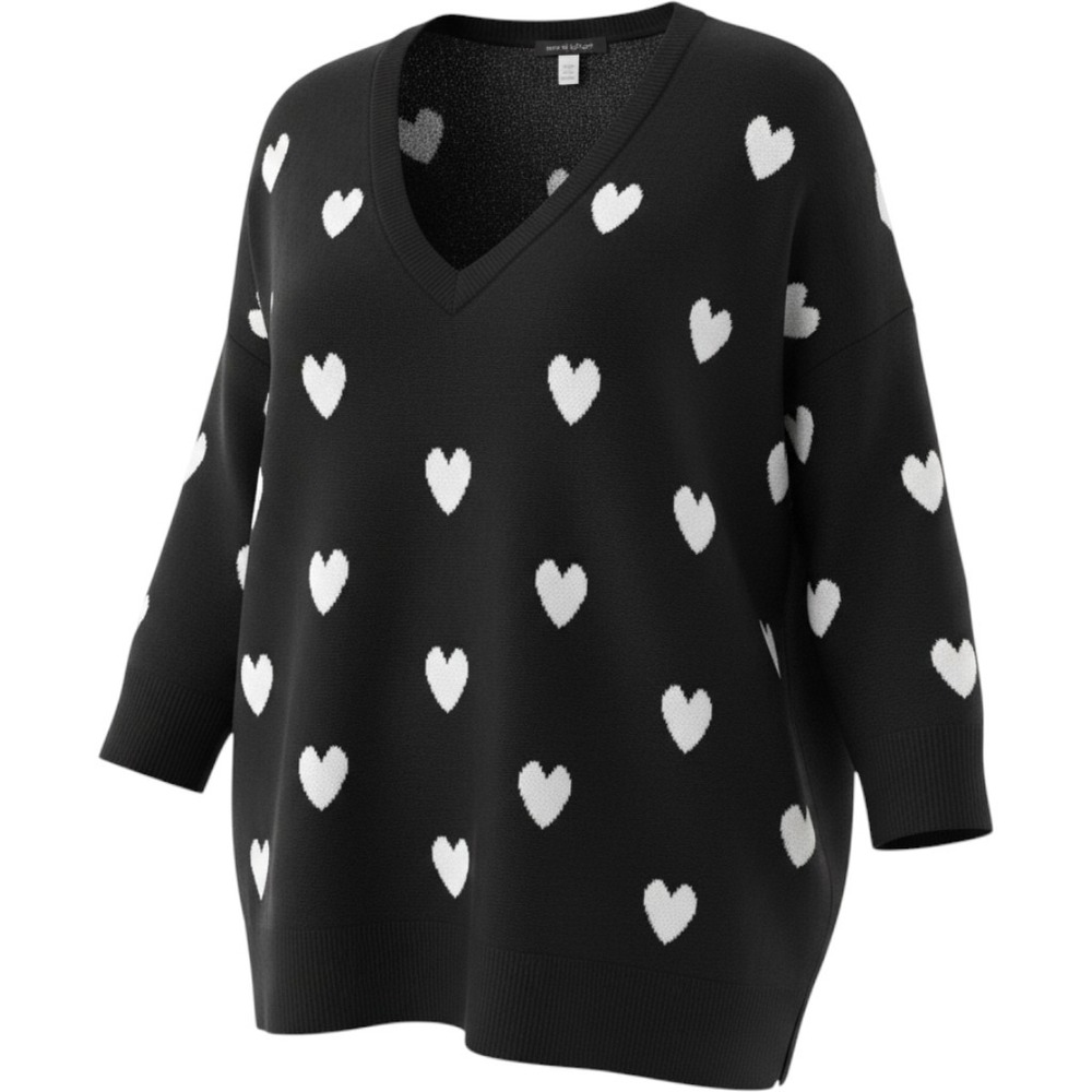 (B5) Cable & Gauge Women 1X Black White Heart Print V-Neck Knit Sweater Plus